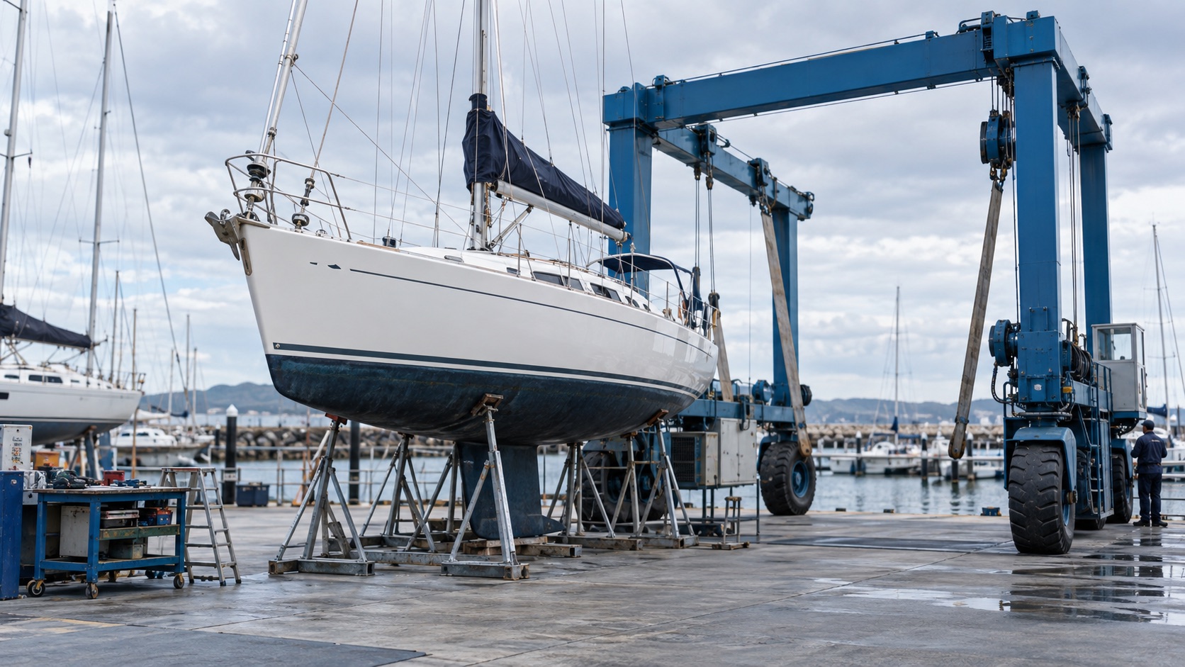 Working marina boatyard with a sailing yacht supported ashore