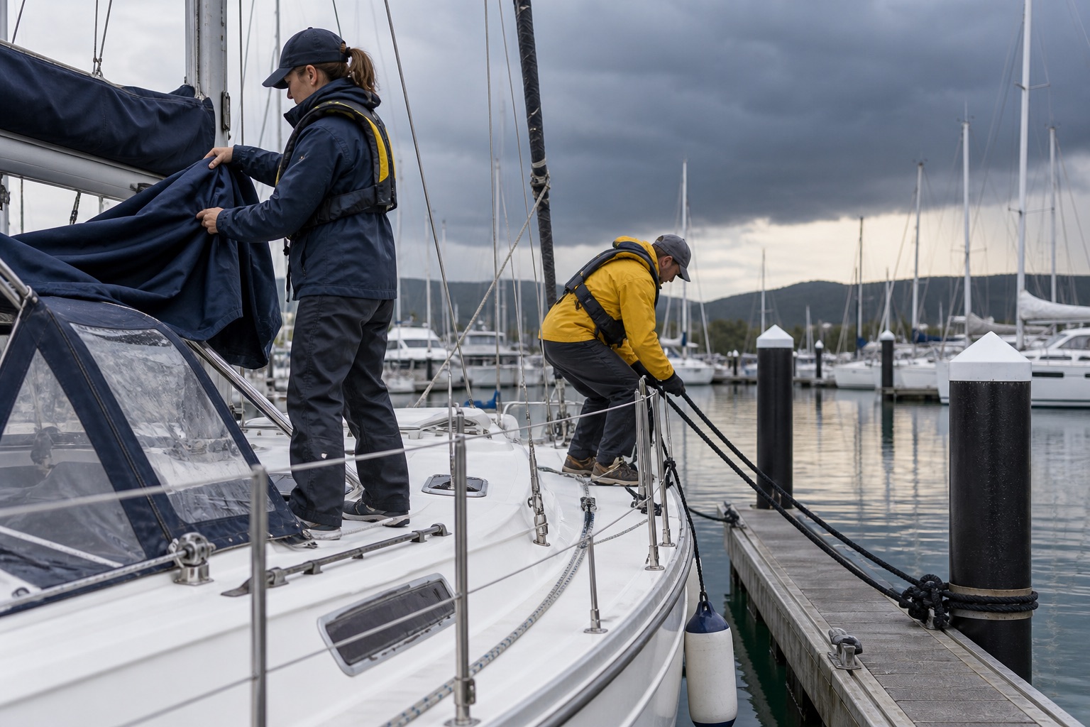 Sailors preparing mooring lines before severe coastal weather